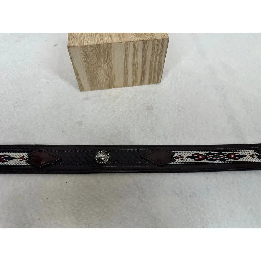 Western Brown Leather Belt Tooled Basketweave Embroidered Keeps & Conchos SZ 42